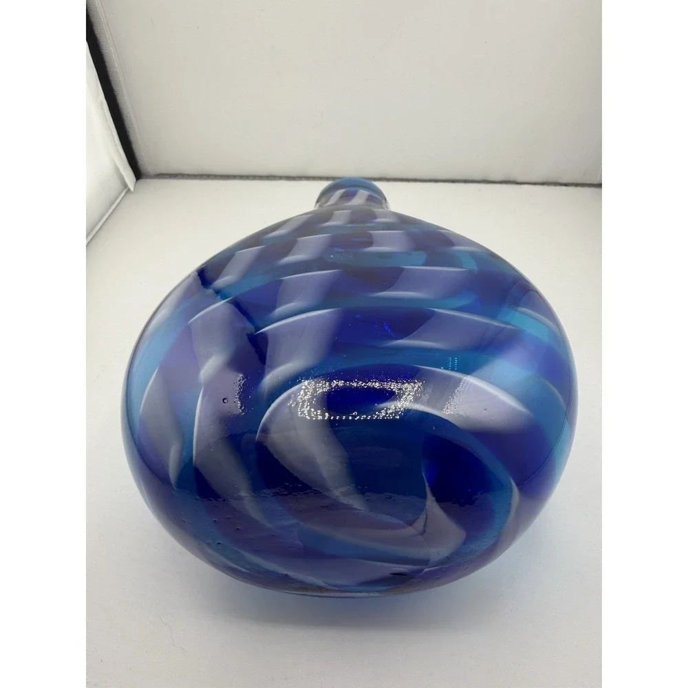Crate & Barrel Mykonos Glass Bud Vase Hand Blown Vibrant Blue White Pattern 8.5